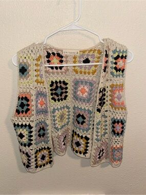 By Together Crochet Granny-Square Vest - Cream with Pastel Accents